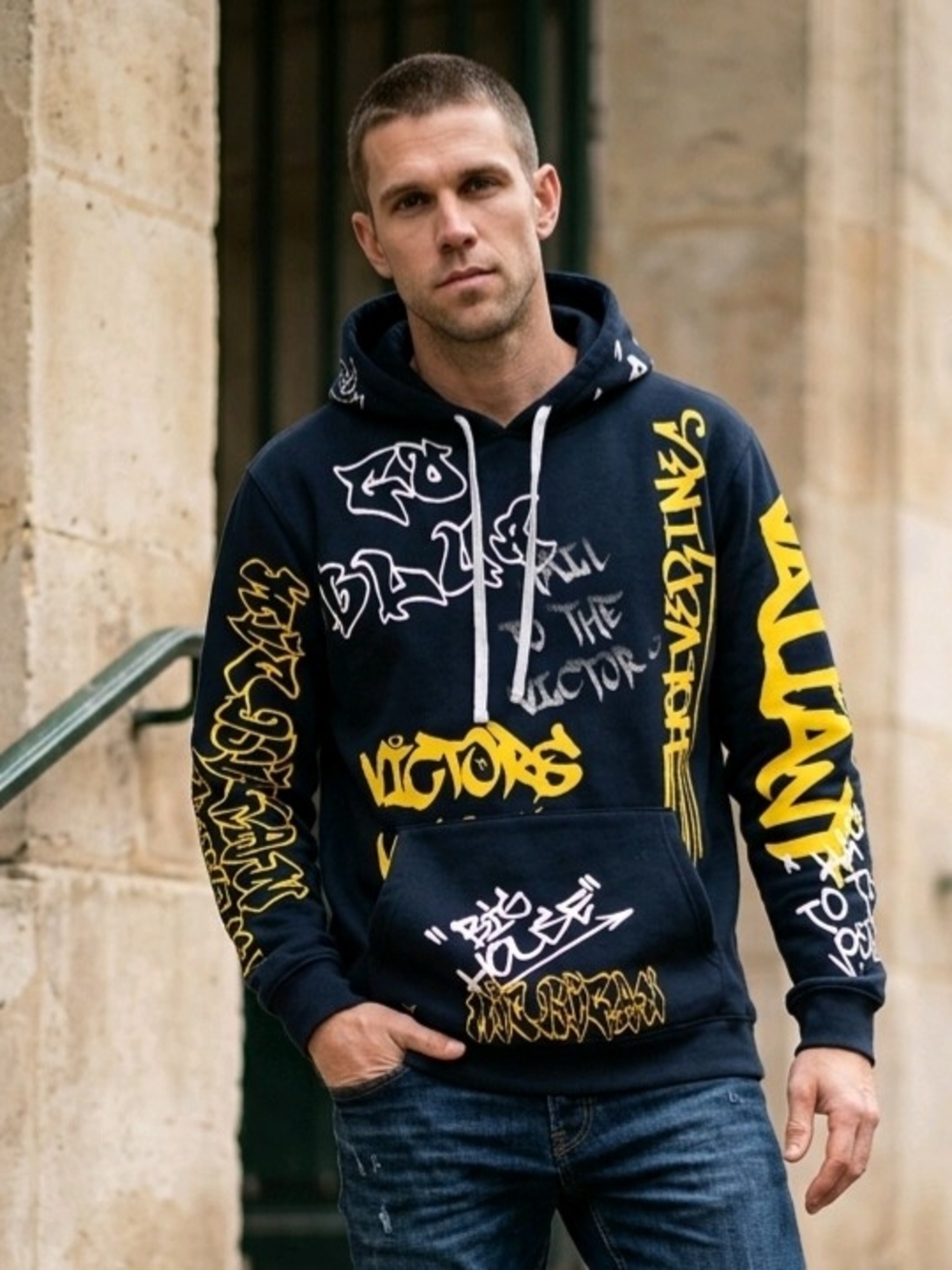 Valiant Univ. of Michigan Navy Graffiti Hoodie Yellow/White Graffiti Lettering L